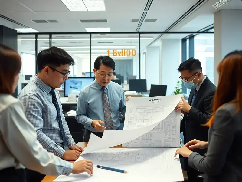 ブックスプラント本社オフィス外観、東京のオフィスビル内でチームが地図を囲んで施工計画について議論している様子