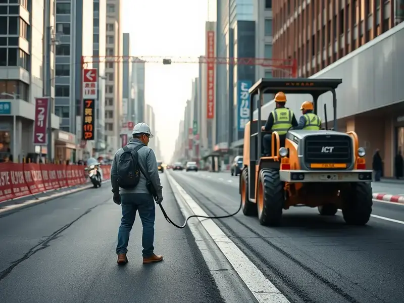 ブックスプラントの施工チームが現場で作業している様子、都心の道路工事現場でヘルメット姿の専門スタッフがアスファルト舗装作業を行っている