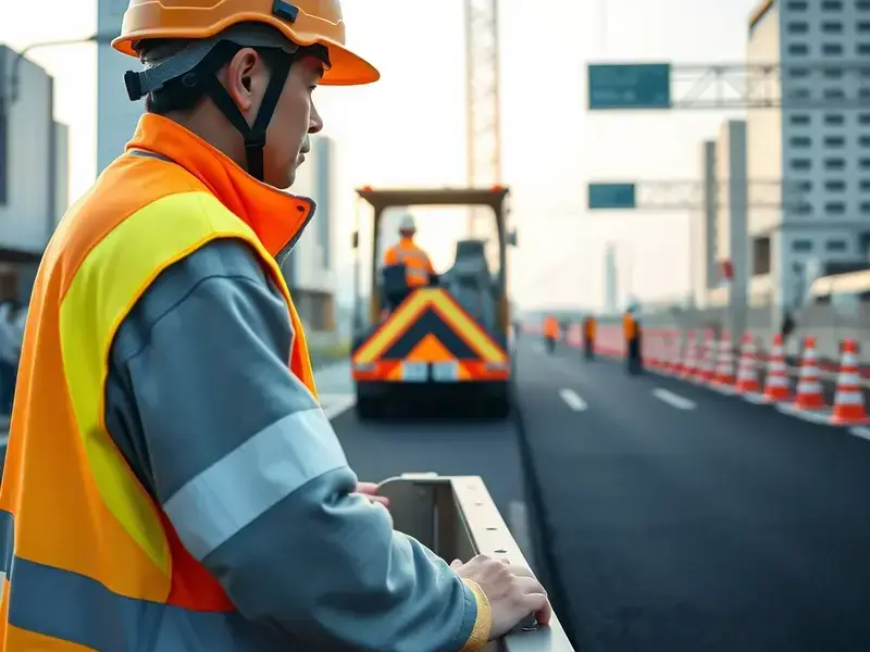 アスファルト舗装工事の様子、完成したばかりの黒いアスファルト道路がきれいな状態で見えている