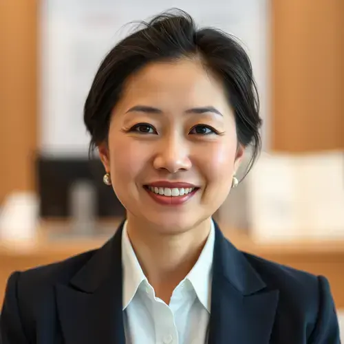 渡辺恵子（営業部長）のポートレート、40代日本の女性が清爽な表情で、専門的でありながら親しみやすい印象を与えている