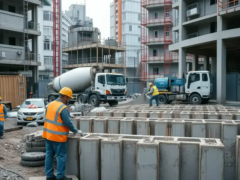 コンクリート打設工事の様子、職人がコンクリートを均等に広げる作業を行っている