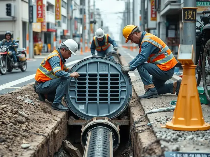 排水設備工事の様子、排水溝の蓋を設置する作業を行っている。東京都内の道路脇で、排水溝のグレーチングを正確に設置している工事現場
