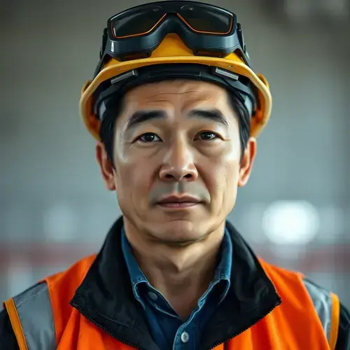 高橋俊介（主任技術者）のポートレート、40代日本の男性が作業着姿で、現場に向かう頼もしそうな表情を見せている