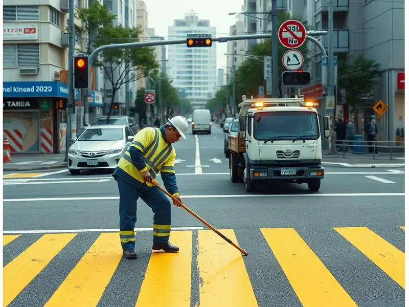 道路表示塗装工事の様子、職人が丁寧に道路のラインを引いている。東京都内の交差点近くで、停止線や歩行者用表示を新しく塗装している様子