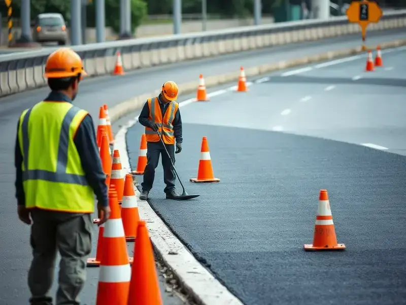 道路メンテナンス作業の様子、工事用の機械で道路の修理作業を行っている