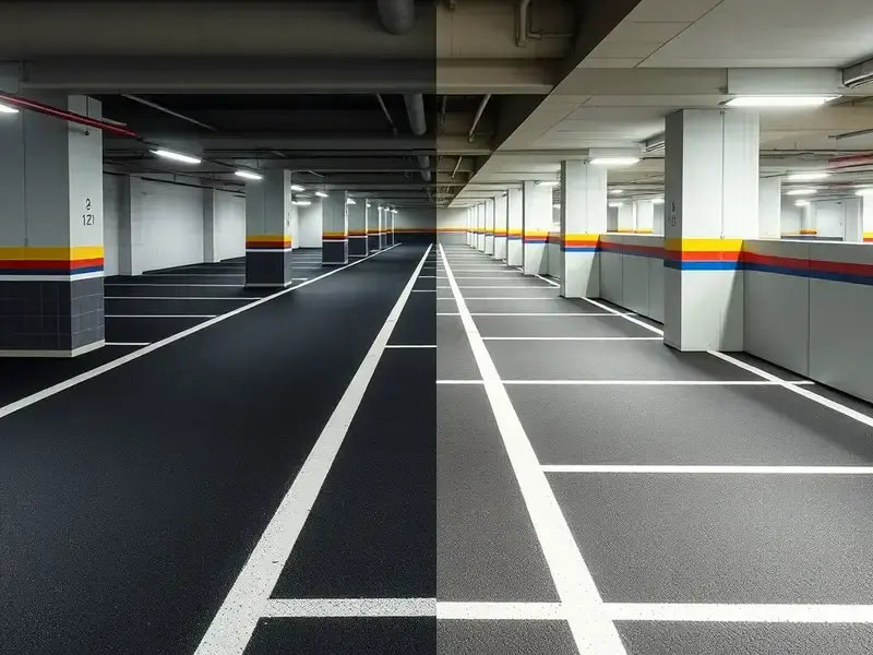 渋谷区オフィビルの駐車場アスファルト舗装工事、 BeforeとAfterの比較写真