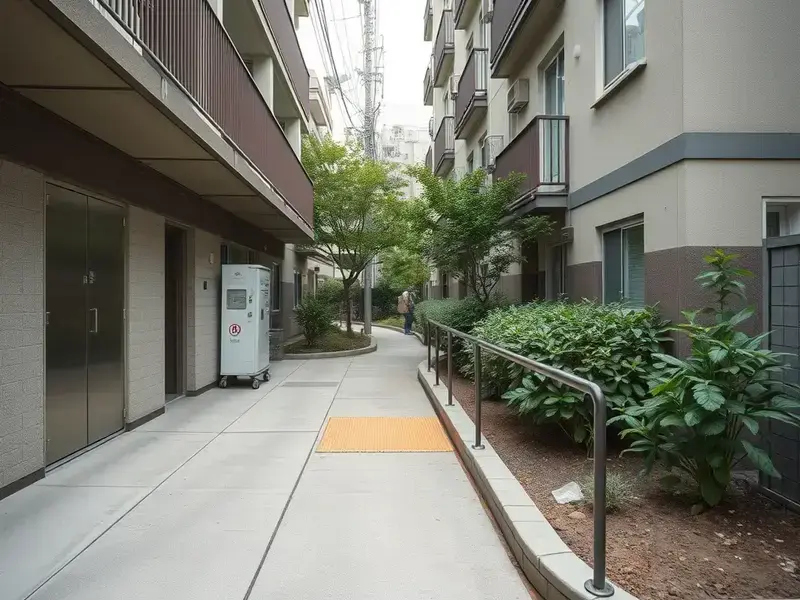 世田谷区のマンション敷地内通路コンクリート工事、フラットで歩きやすい通路が完成している