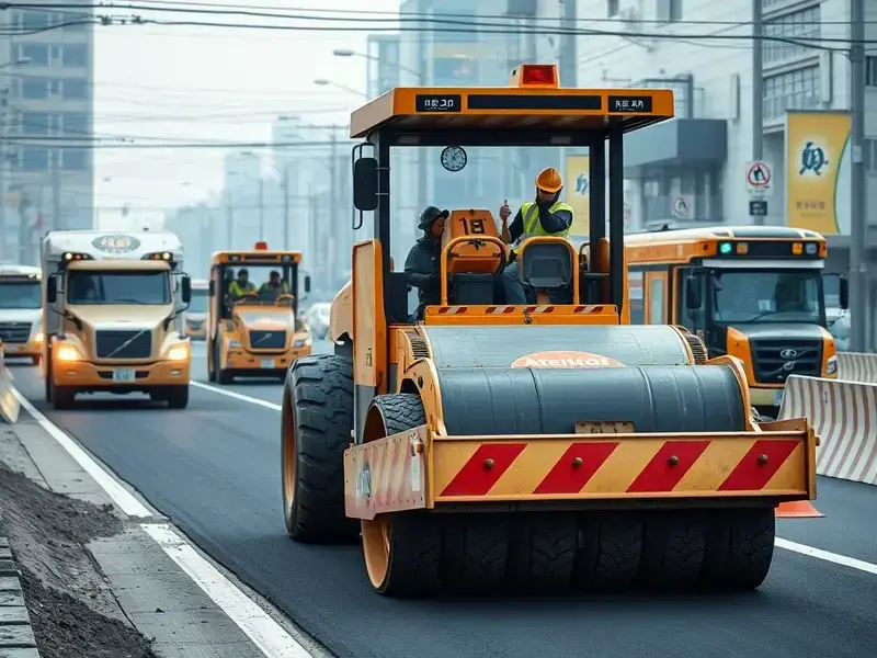 サービス概要イメージ、東京の道路工事現場で重機と作業員が協力して効率的に舗装作業を行っている様子。複数の重機が整然と動き、ヘルメット姿の作業員たちが協力している活気ある現場